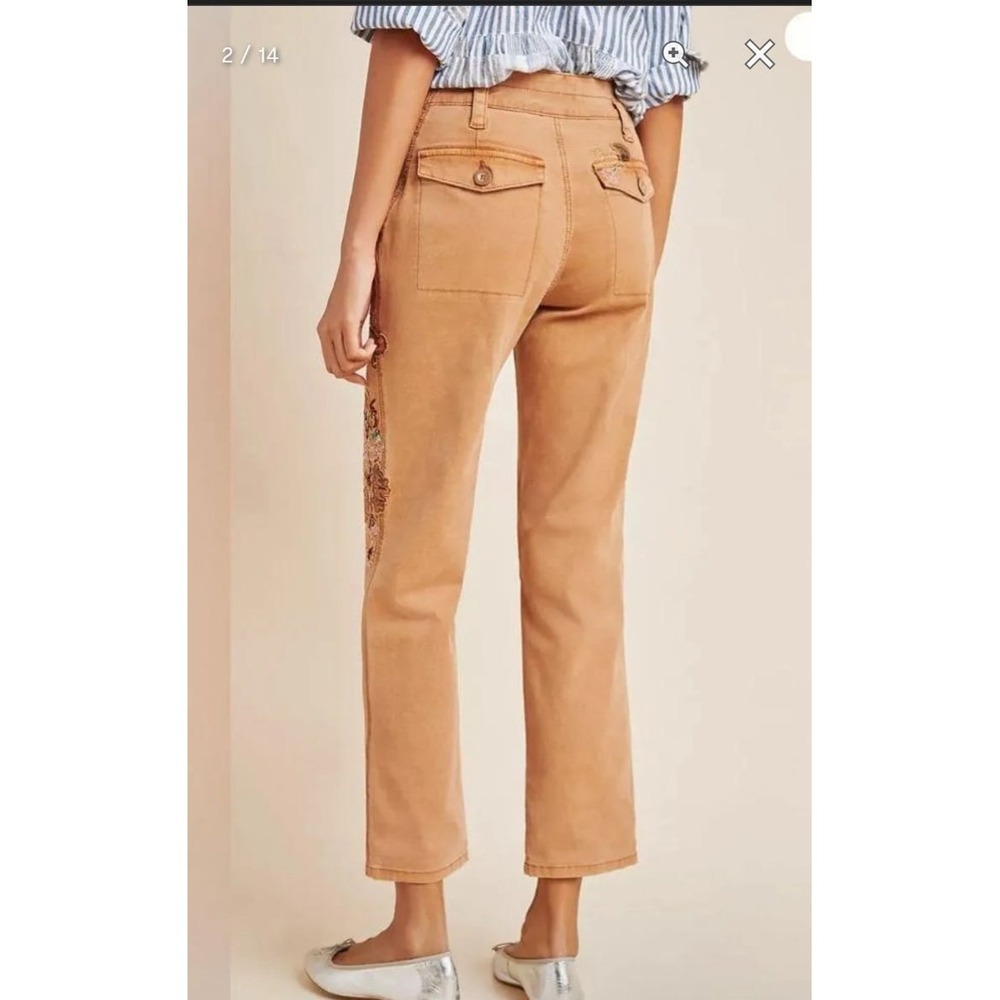 Anthropologie The wanderer embroidered cargo pants tan boho mid rise size 26" - Picture 2 of 12